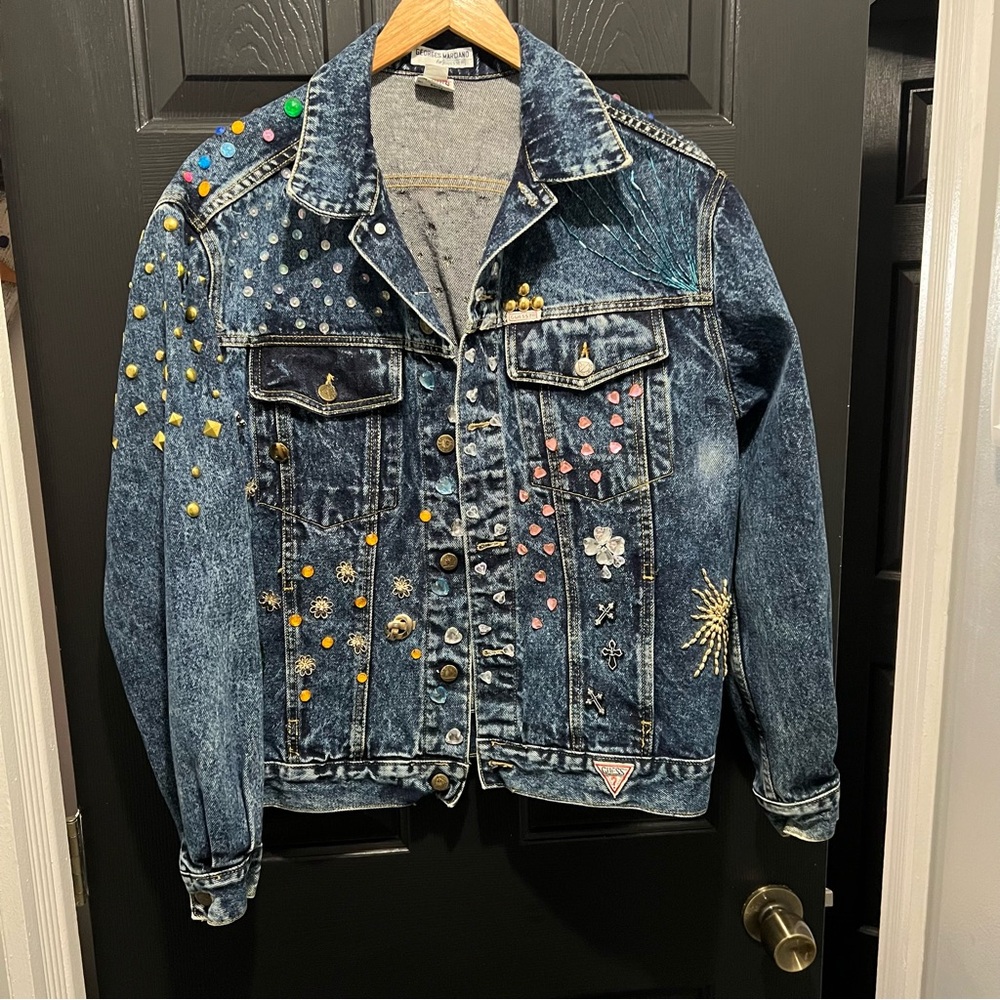 Vintage 80s Georges Marciano for GUESS Denim Jacket Studded Rhinestone Custom L